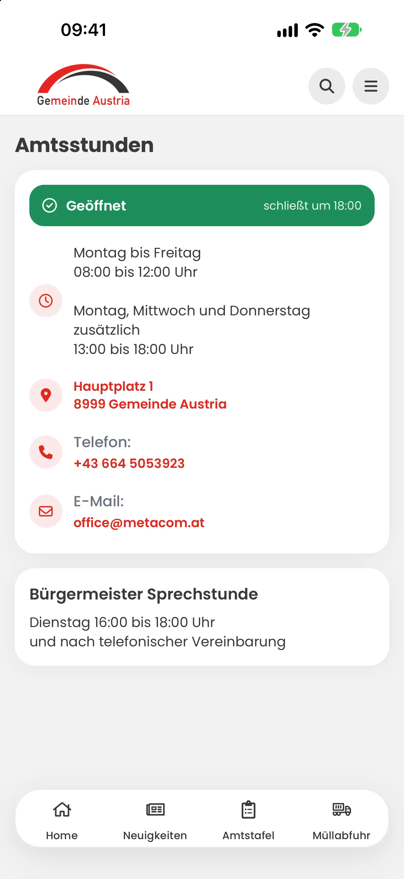 Gemeinde Austria App: Gemeindeamt – live geöffnet