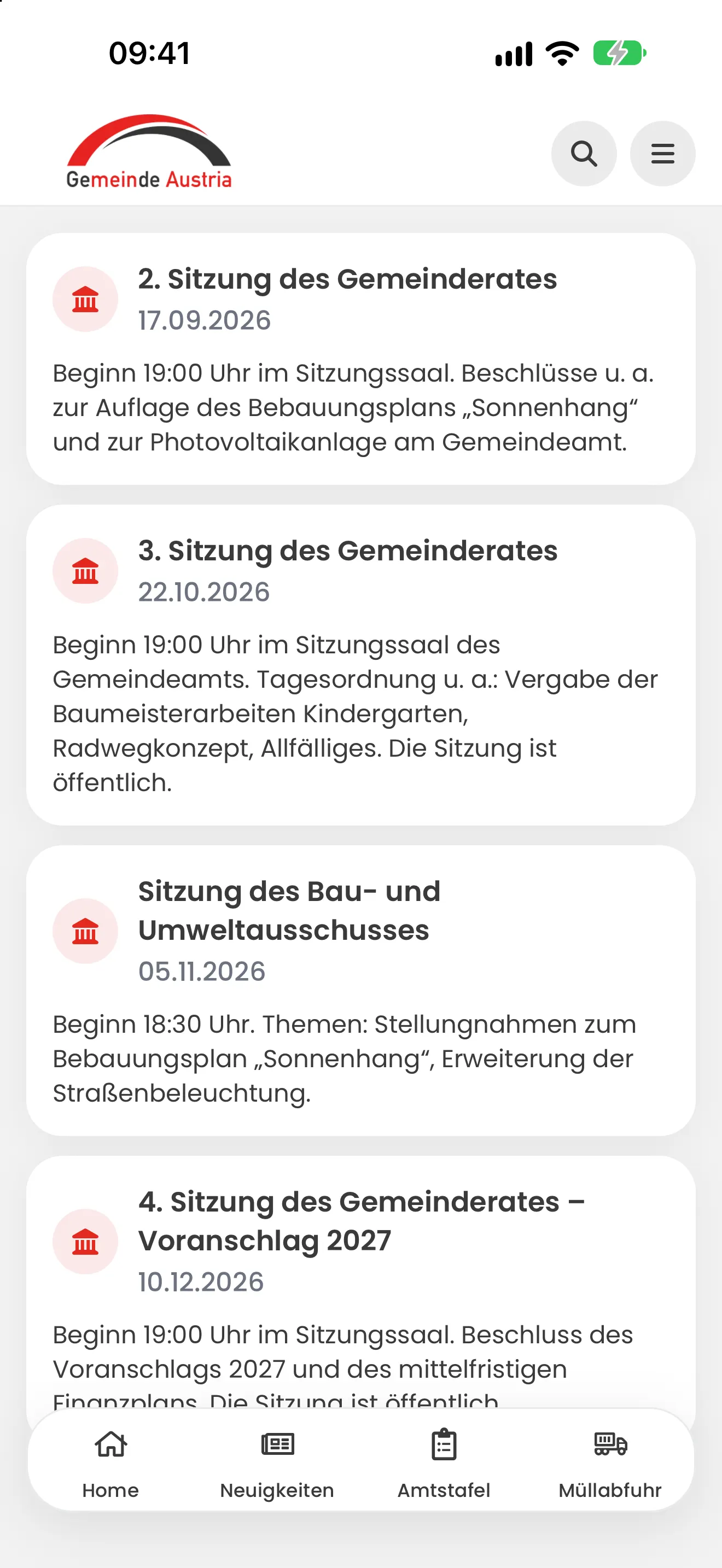 Gemeinde Austria App: Gemeinderatssitzungen
