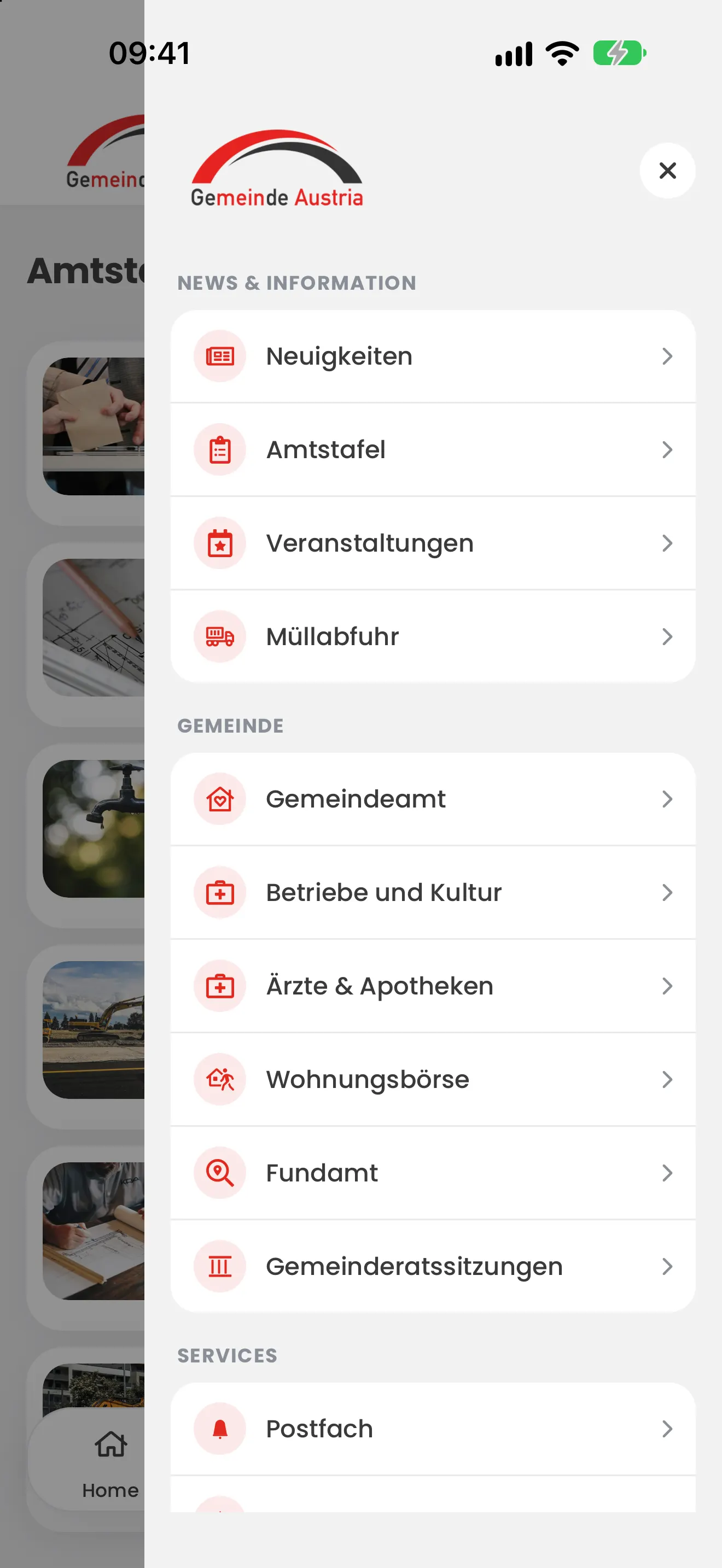 Gemeinde Austria App: Übersichtliches Menü